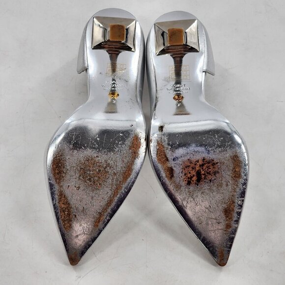 STUART WEITZMAN Anny X Heel 100 Pump Silver Leather Pointed Toe - Picture 10 of 11